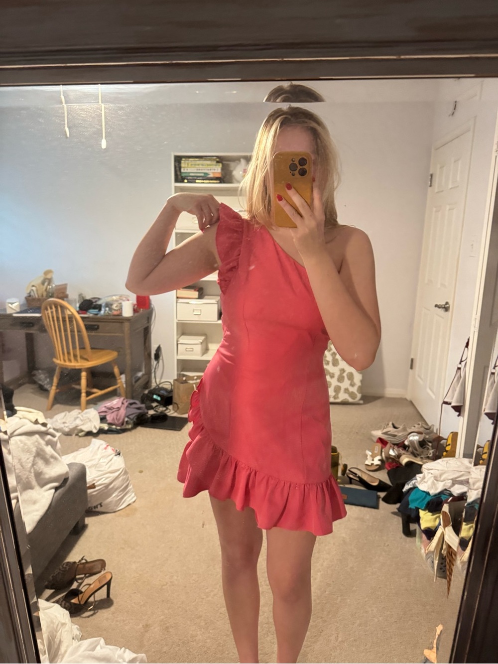 One-Shoulder Coral Ruffle Mini Dress
